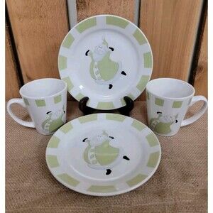 Santa Claus Mug And Dessert Plate Set Of 4 Green Christmas New